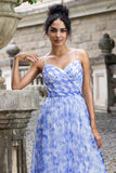 Blue Print A Line Spaghetti Straps Pleated Long Bridesmaid Dress with Lace Up Back