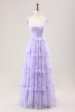 Lavender A Line Corset Spaghetti Straps Floral Tiered Wedding Party Dress