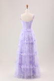 Lavender A Line Corset Spaghetti Straps Floral Tiered Long Bridesmaid Dress