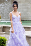 Lavender A Line Corset Spaghetti Straps Floral Tiered Long Bridesmaid Dress