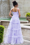 Lavender A Line Corset Spaghetti Straps Floral Tiered Long Bridesmaid Dress