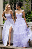 Lavender A Line Corset Spaghetti Straps Floral Tiered Wedding Party Dress