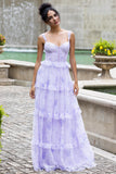 Lavender A Line Corset Spaghetti Straps Floral Tiered Wedding Party Dress