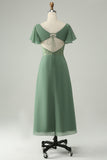 A Line Eucalyptus Square Neck Chiffon Bridesmaid Dress with Slit