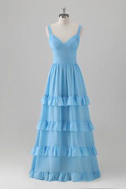 Blue A Line V Neck Tiered Chiffon Long Bridesmaid Dress