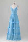 Blue A Line V Neck Tiered Chiffon Long Bridesmaid Dress