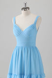 Blue A Line V Neck Tiered Chiffon Long Bridesmaid Dress