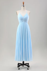 Sky Blue A Line Pleated Chiffon Wedding Guest Dress