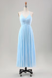 Sky Blue A Line Pleated Chiffon Tea Length Dress with Lace Up Back