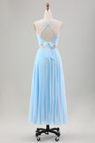 Sky Blue A Line Pleated Chiffon Tea Length Dress with Lace Up Back