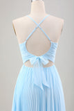 Sky Blue A Line Pleated Chiffon Wedding Guest Dress