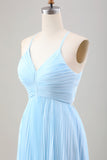 Sky Blue A Line Pleated Chiffon Wedding Guest Dress