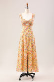 Yellow Flower A Line Print Holloe Out Corset Wedding Guest Dress with Slit