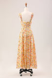 Yellow Flower A Line Print Holloe Out Corset Wedding Guest Dress with Slit