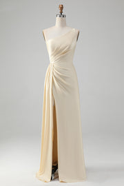 Champagne One Shoulder Sheath Long Bridesmaid Dress With Slit