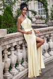 Champagne Sheath One Shoulder Long Bridesmaid Dress With Slit