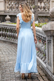 Sky Blue A Line Chiffon Pleated Ruffle Sleeves Floor Length Dress with Slit