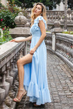 Sky Blue A Line Chiffon Pleated Ruffle Sleeves Floor Length Dress with Slit