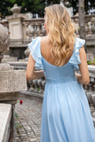 Sky Blue A Line Chiffon Pleated Ruffle Sleeves Floor Length Dress with Slit