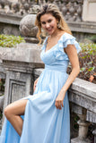 Sky Blue A Line Chiffon Pleated Ruffle Sleeves Floor Length Dress with Slit