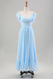 Sky Blue A Line Chiffon Pleated Ruffle Sleeves Floor Length Dress with Slit