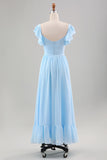 Sky Blue A Line Chiffon Pleated Ruffle Sleeves Floor Length Dress with Slit