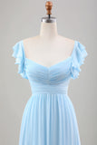 Sky Blue A Line Chiffon Wedding Guest Dress with Ruffle Sleeves