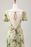 Green Flower A Line V Neck Tea Length Wedding Guest Dress with Short Sleeves