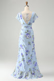 Blue Floral A Line Ruffles Asymmetrical Wedding Party Guest Dress with Slit