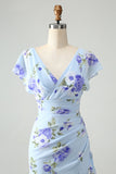 Blue Floral A Line Ruffles Asymmetrical Wedding Guest Dress