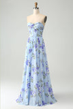 Blue Floral A Line Sweetheart Strapless Pleated Long Wedding Guest Dress