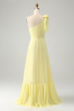 A Line One Shoulder Yellow Long Wedding Guest Dress with Slit