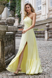 Yellow A Line One Shoulder Long Wedding Party Guest Dress with Slit