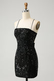 Chic Glitter Black Spaghetti Straps Tight Homecoming Dress with Sequins