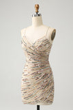 Glitter Champagne Spaghetti Straps Tight Short Homecoming Dress with Sequins