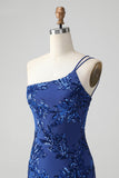 Sparkly Bodycon Royal Blue One Shoulder Sequins Homecoming Dress with Embroidery