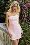 Pink One Shoulder Applique Sequins Mini Bodycon Homecoming Dress