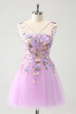 Purple A Line Halter Flowers Tulle Short Homecoming Dress