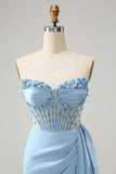 Sparkly Blue Bodycon Sweetheart Corset Homecoming Dress with Beading