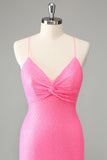 Stylish Glitter Pink Sequins Tight Halter Homecoming Dress with Lace Up Back