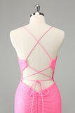 Stylish Glitter Pink Sequins Tight Halter Homecoming Dress with Lace Up Back