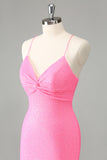 Stylish Glitter Pink Sequins Tight Halter Homecoming Dress with Lace Up Back