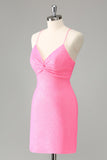 Stylish Glitter Pink Sequins Tight Halter Homecoming Dress with Lace Up Back