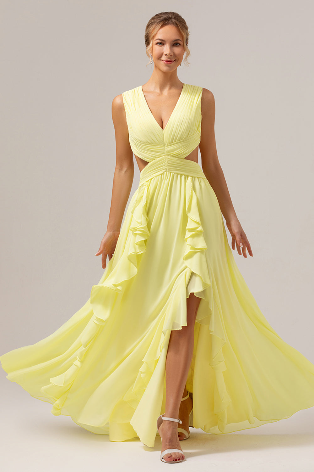 Zapaka Women Lemon Yellow Bridesmaid Dress with Ruffles A Line Cut Out Lace Up Back Long Wedding Party Dress ZAPAKA NZ Zapaka Women Lemon Yellow Bridesmaid Dress with Ruffles A Line Cut Out Lace Up Back Long Wedding Party Dress ZAPAKA NZ