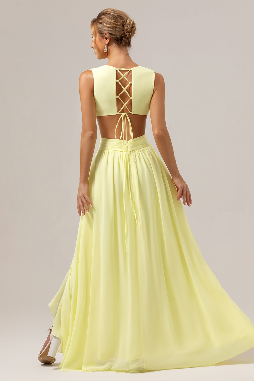 Zapaka Women Lemon Yellow Bridesmaid Dress with Ruffles A Line Cut Out Lace Up Back Long Wedding Party Dress ZAPAKA NZ Zapaka Women Lemon Yellow Bridesmaid Dress with Ruffles A Line Cut Out Lace Up Back Long Wedding Party Dress ZAPAKA NZ