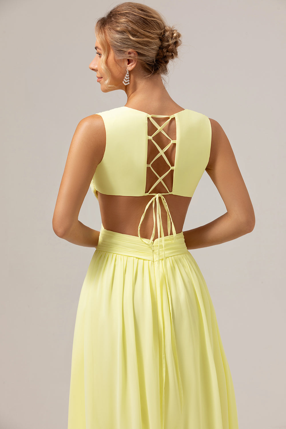 Zapaka Women Lemon Yellow Bridesmaid Dress with Ruffles A Line Cut Out Lace Up Back Long Wedding Party Dress ZAPAKA NZ Zapaka Women Lemon Yellow Bridesmaid Dress with Ruffles A Line Cut Out Lace Up Back Long Wedding Party Dress ZAPAKA NZ