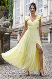 Simple Lemon Yellow A Line Pleated Ruffled Wedding Guest Dress