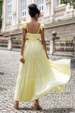 Simple Lemon Yellow A Line Pleated Ruffled Wedding Guest Dress