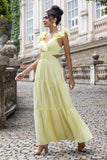 Simple Lemon Yellow A Line Pleated Wedding Party Guest Dress with Ruffles