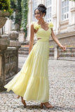 Simple Lemon Yellow A Line Pleated Wedding Party Guest Dress with Ruffles